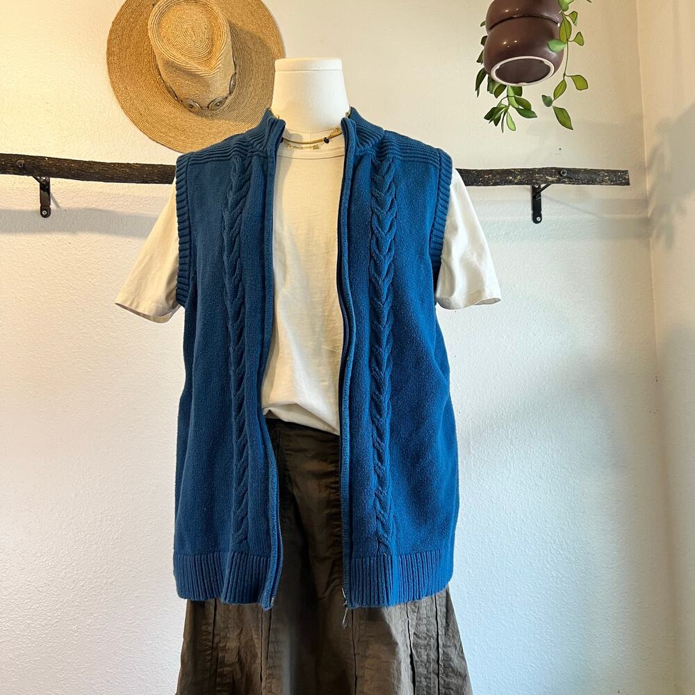 90s 100% Cotton Blue Cable Knit Woven Knit Zip Up Sweater Vest Top Size Large
